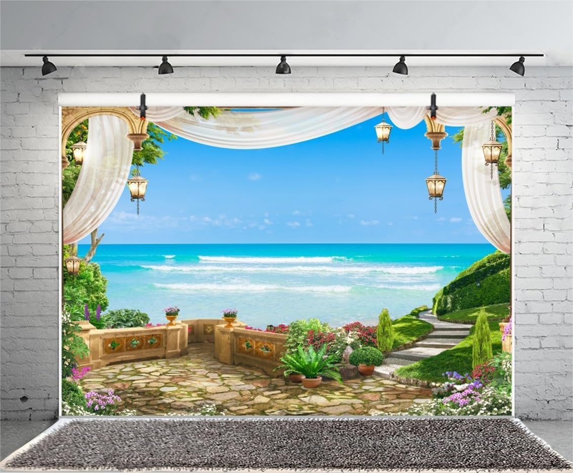 5x4ft Garden Backdrop Vintage Summer Scenery Seaside Landscape Wall Backdrop for Photography Backdrops Green Grass Flowers Blue Sea Romantic Wedding Photography Background Photo Booth Props