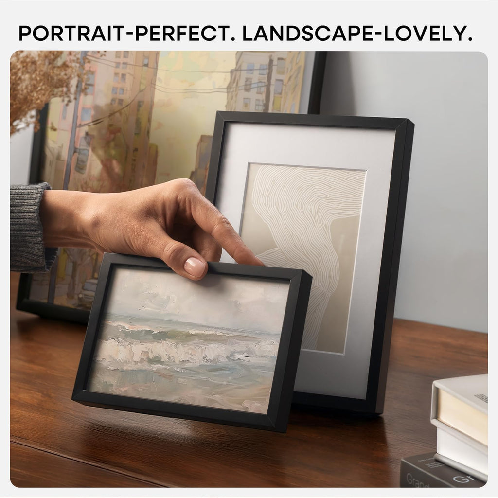 Homeforia A4 Picture Frame Black, High End Metal 8.3 x 11.7 Frames for Wall, A4 Photo Frame with Mat for A5 inch Print, 8.25 by 11.75 Black Poster Frames, 8.3x11.7 Frame with Glass, Wall Kit, Set of 4