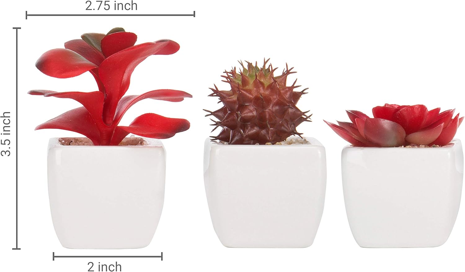 MyGift Assorted Artificial Red Succulent Plants, Mini Fake Desert Plants in White Square Pots, Set of 3