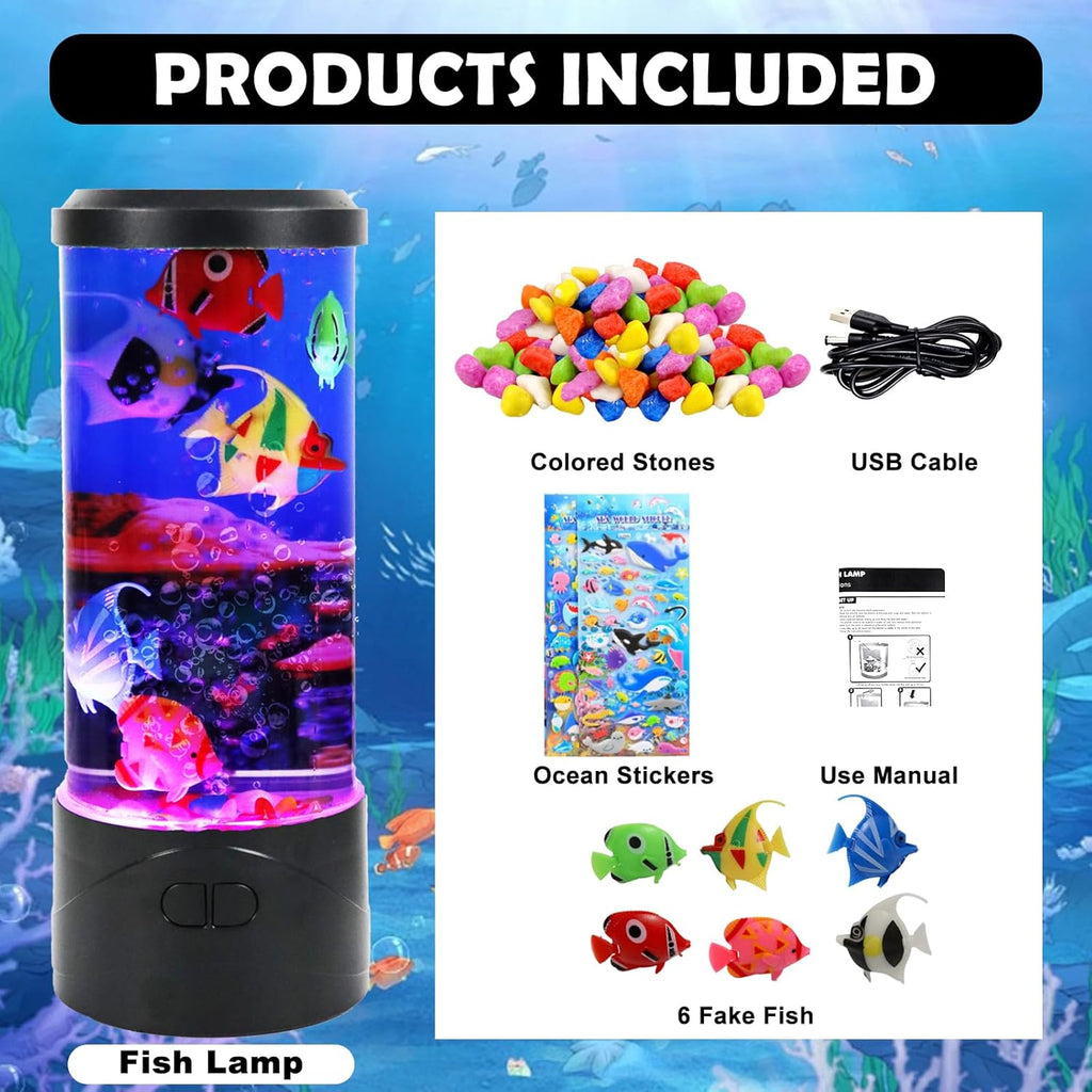 Toycol Bubble Aquarium Lamp | Fish Lamp Kit with 6 Fake Swimming Fish | Sensory Night Light with Energy-Safe USB Powered | 7 Color Changing Mood Light for Kids Bedroom, Desk, Office Decor and Gifts