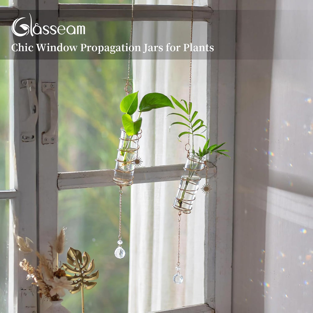 Glasseam Hanging Propagation Stations with Crystal Suncatchers Glass Wall Planters for Indoor Plants Hydroponics - 4Pcs Propagation Tubes Jars with Metal Chain for Home Decor - Unique Gift for Women