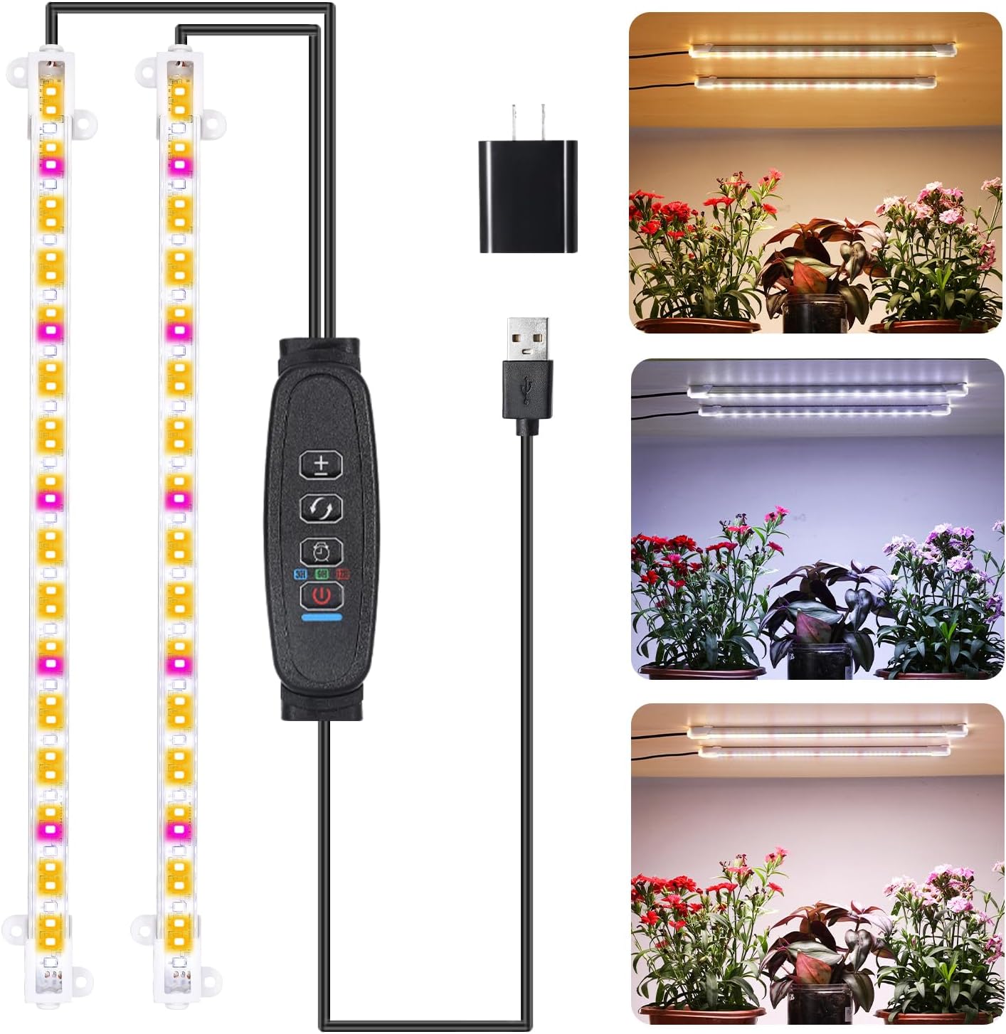 Two Strip Growing Lamp for Indoor Plants, Red & 3000K & 6000K Full Spectrum LED Grow Light Strips with Auto ON/Off 3/9/12H Timer,10 Dimmable Levels for Green House Succulent (13 in)