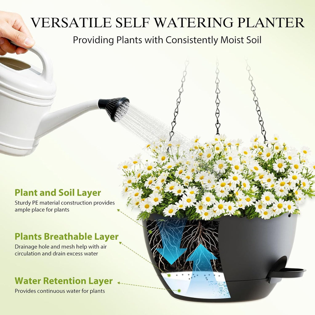 12 Inch Hanging Baskets 2 PC with Chains, Self-Watering Hanging Planters for Indoor Outdoor Plants, Plastic Hanging Flower Pots,Black