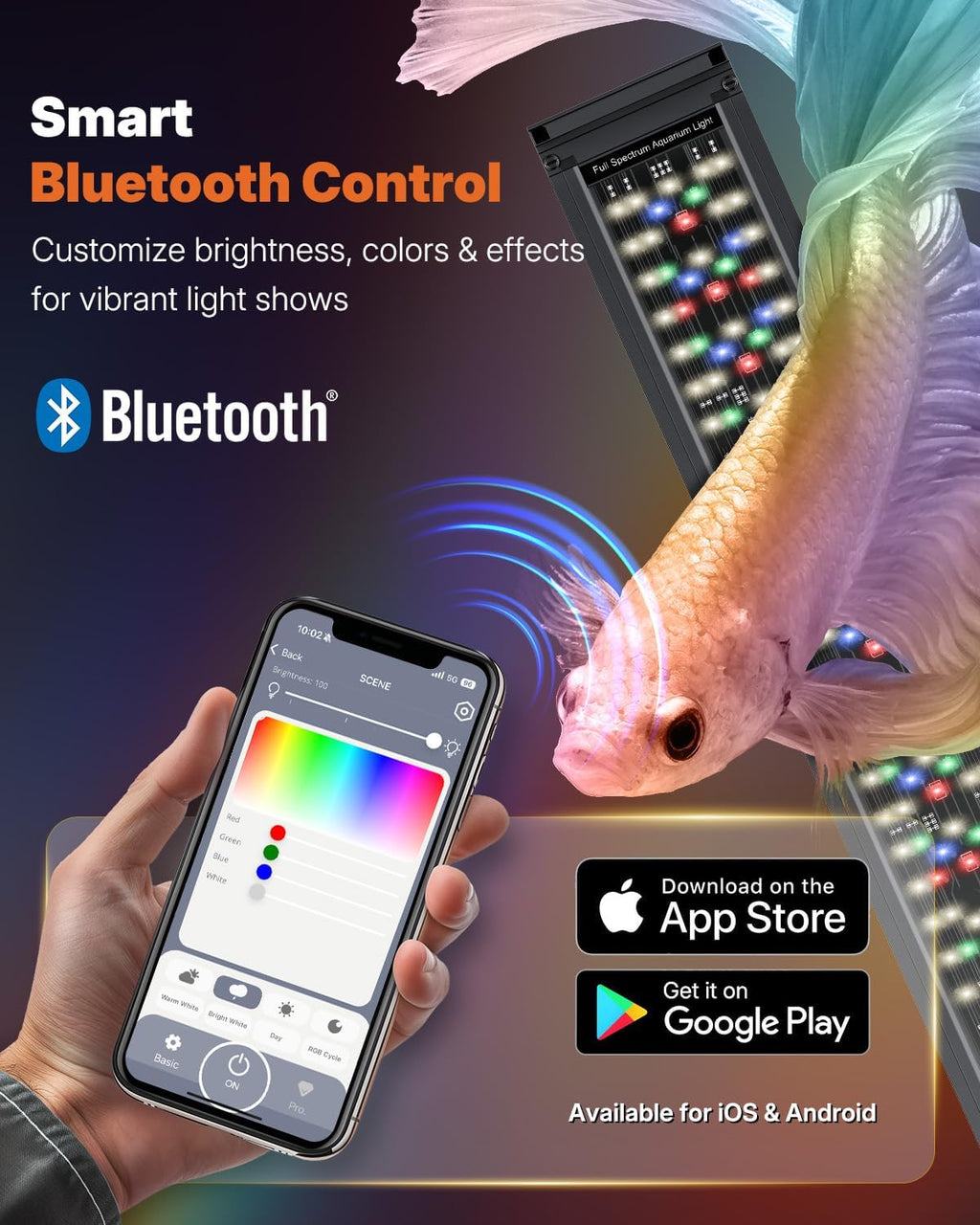 Pawfly Aquarium Light for Plants, 24 W Bluetooth Fish Tank Light, Full Spectrum Aquarium Lights for 30"-36" Fish Tanks, Extendable 24/7 LED Lights with Timer Modes & Adjustable Brightness