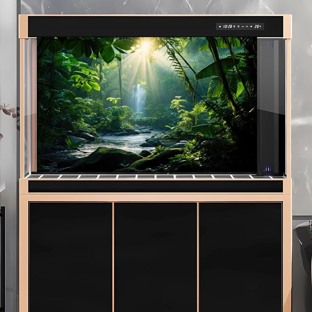 Jungle Aquarium Background Waterfall Lush Green Jungle Plants Terrarium Background Stream Big Rocks with Moss Fish Tank Background Natural Jungle Forest Landscape Aquarium Backdrop Vinyl 36x18in