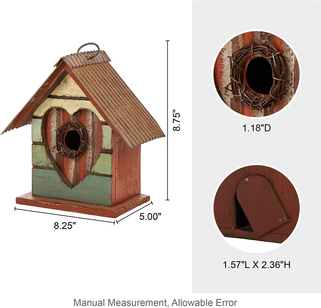Glitzhome Bird House for Outdoor, 8.75" H Decorative Pet Cottage Distressed Heart Wooden Birdhouse for Outside,Graden Hanging Birdhouse for Bluebird Hummingbird Wren Finch Cardinals Cedar
