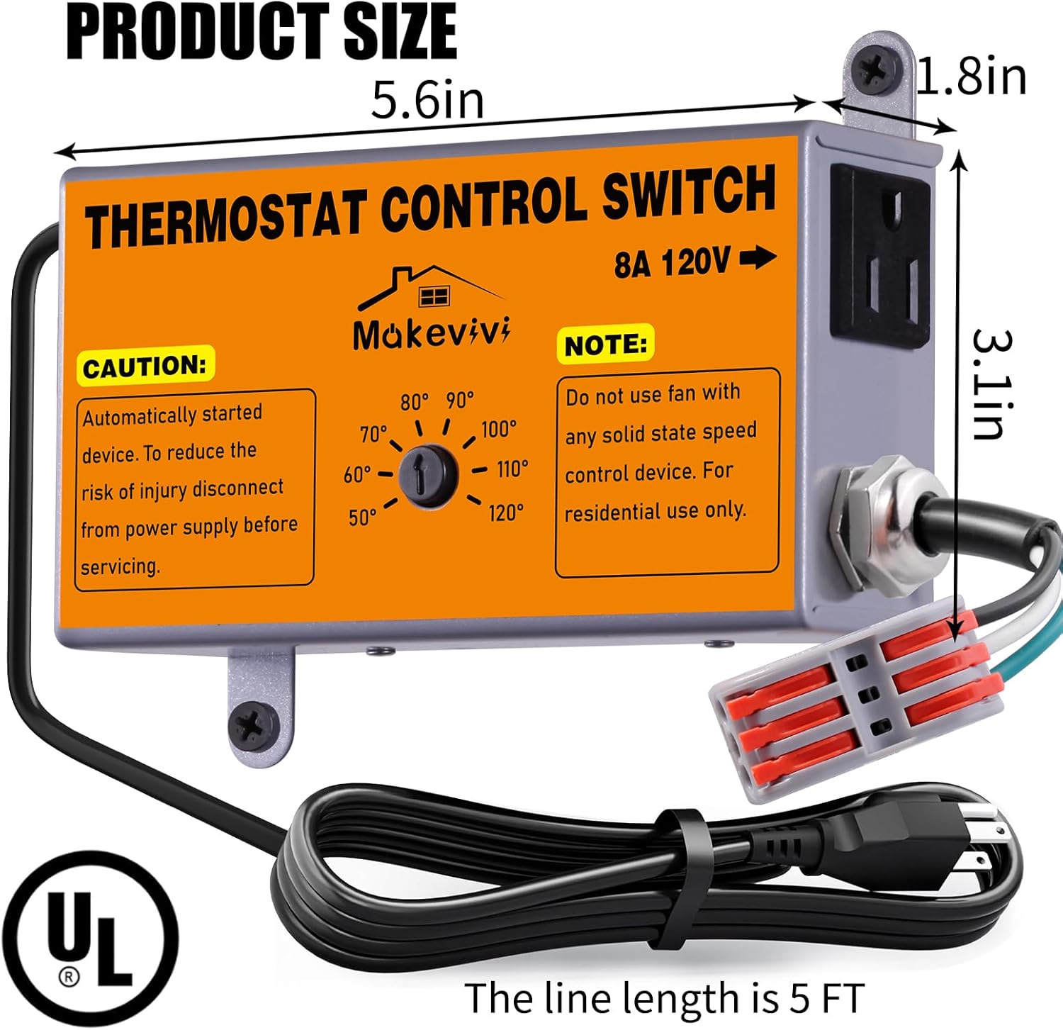 Attic Fan Thermostat-Control: with Socket and Wire Connector, Can Be Connected to Two Fans, Replacement Thermostat with Overload Protector, Temperature Controlled Exhaust Fan for Workshop, Greenhouse