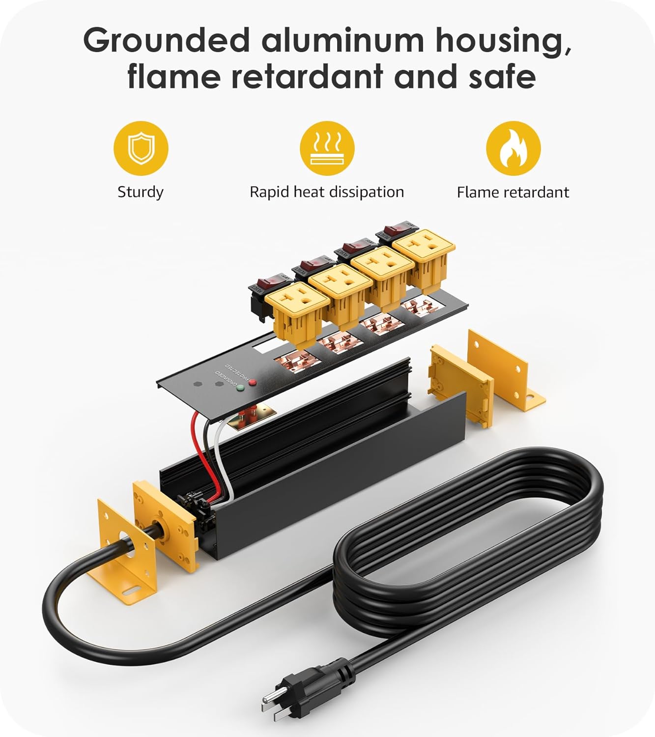CCCEI Heavy Duty Surge Protector Power Strip 20 Amp Individual Switches. 25FT 12 Gauge Extension Cord with Multiple Outlets. Kitchen, Garage, Shop, Industrial Wall Mount Electric Extender, Yellow.