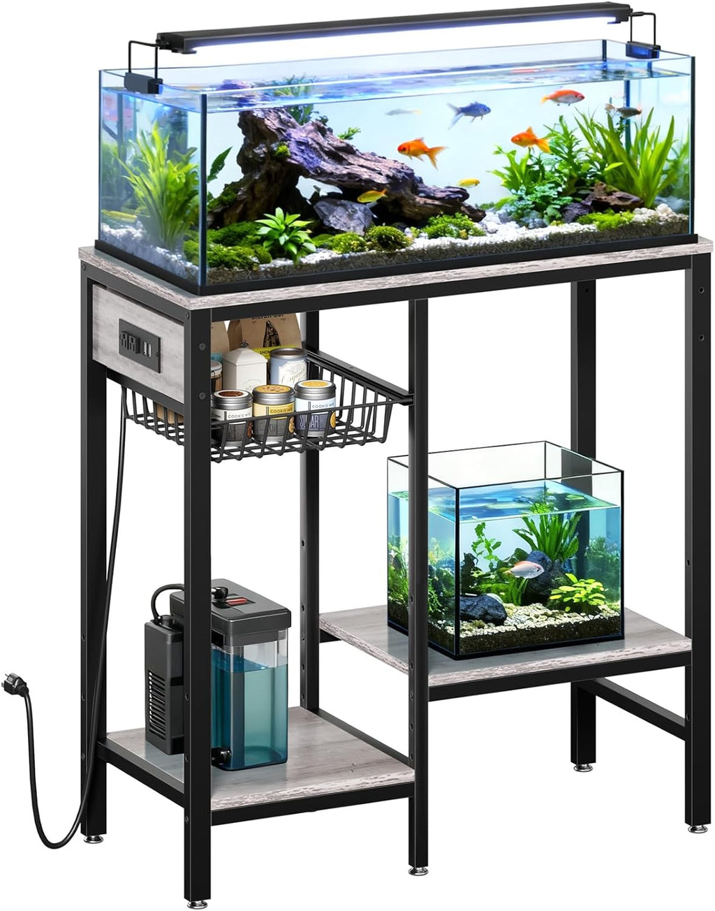 Livofloral 5-10-20 Gallon Fish Tank Stand with Outlet, Heavy Duty Aquarium Stand with Adjustable Shelves, Ample Storage Stand Table for Fish Tanks Accessories, Reptile Tank Stands, 660 LBS, Grey