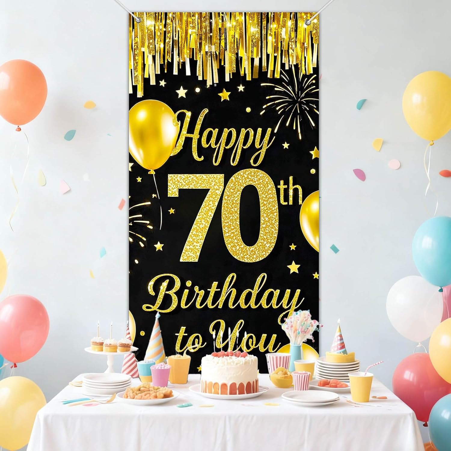 IVN 70th Birthday Door Cover 71x35 Inch Black Gold Birthday Banner for Party Decorations Balloons Stars Fireworks Backdrop Sign for Men Women Photo Booth Prop Wall Decor