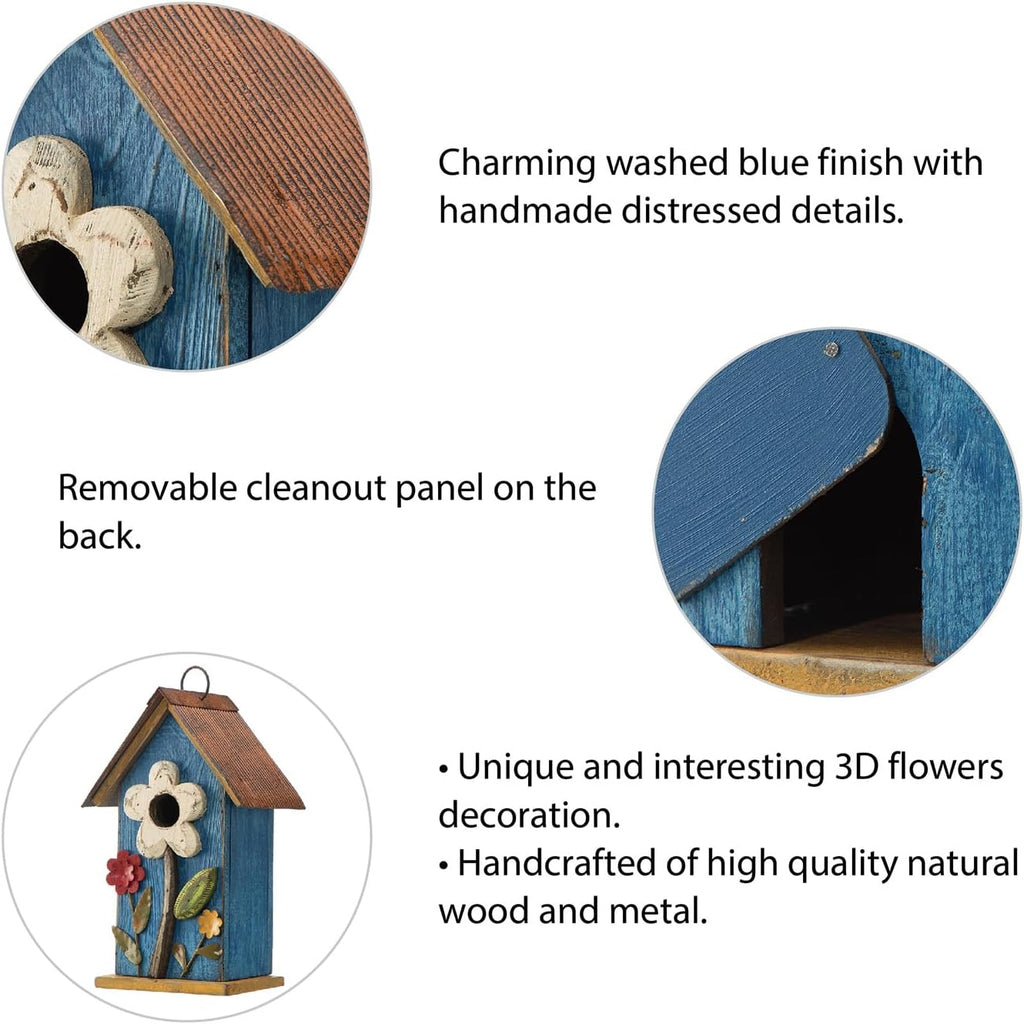 Glitzhome 10.2" H Hanging Bird House for Outdoor Patio Garden Decorative BirdHouse Pet Cottage Distressed Wooden Birdhouse with 3D Flowers, Washed Blue