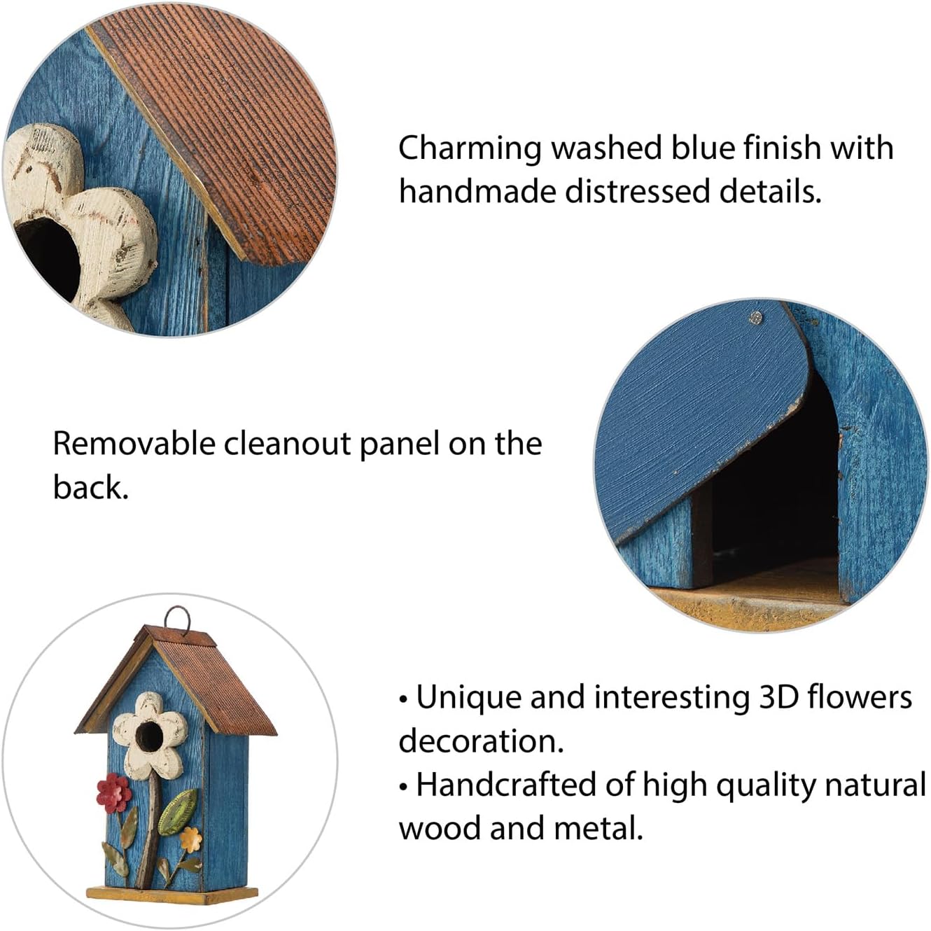 Glitzhome 10.2" H Hanging Bird House for Outdoor Patio Garden Decorative BirdHouse Pet Cottage Distressed Wooden Birdhouse with 3D Flowers, Washed Blue