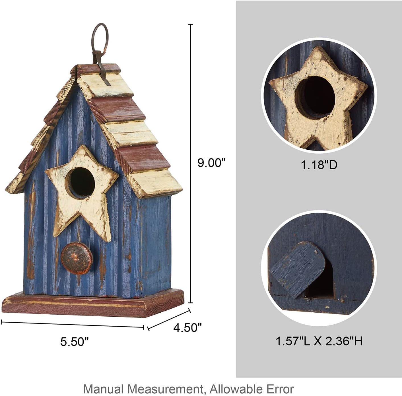 Glitzhome Rustic Patriotic Garden Distressed Wooden Decorative Bird House 9" H