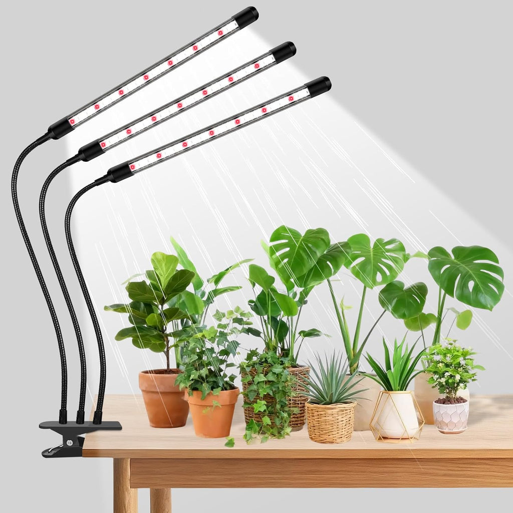 Tri-Head Clip Grow Light for Indoor Plants, Full Spectrum with 6/12/18H Timer, 5 Dimmable Levels, 3 Spectrum Modes & 360° Gooseneck for Seedlings, Houseplants, Succulents