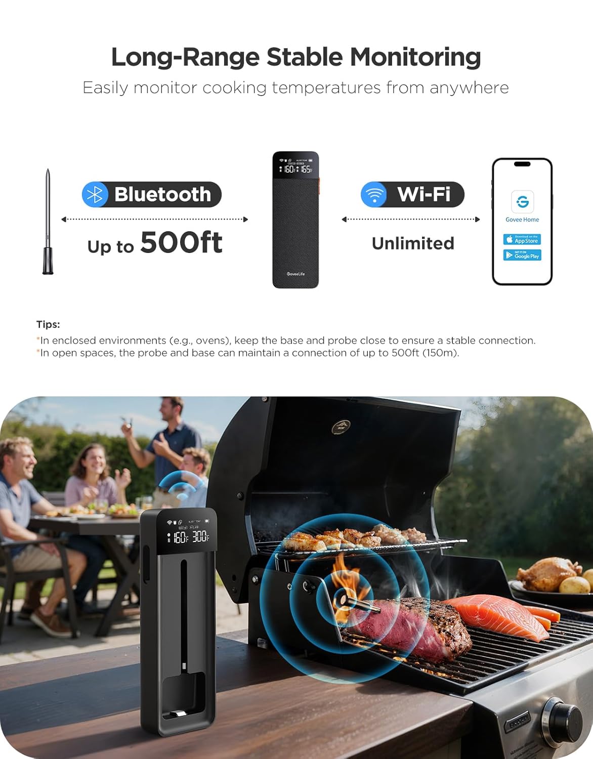 GoveeLife Bluetooth Wireless Meat Thermometer with Digital Standalone LCD Base, WiFi Unlimited Range, ±1.8℉ Accuracy, Food Grade Internal Ambient Sensor Probes for Kitchen, BBQ, Grill, Oven, Smoker