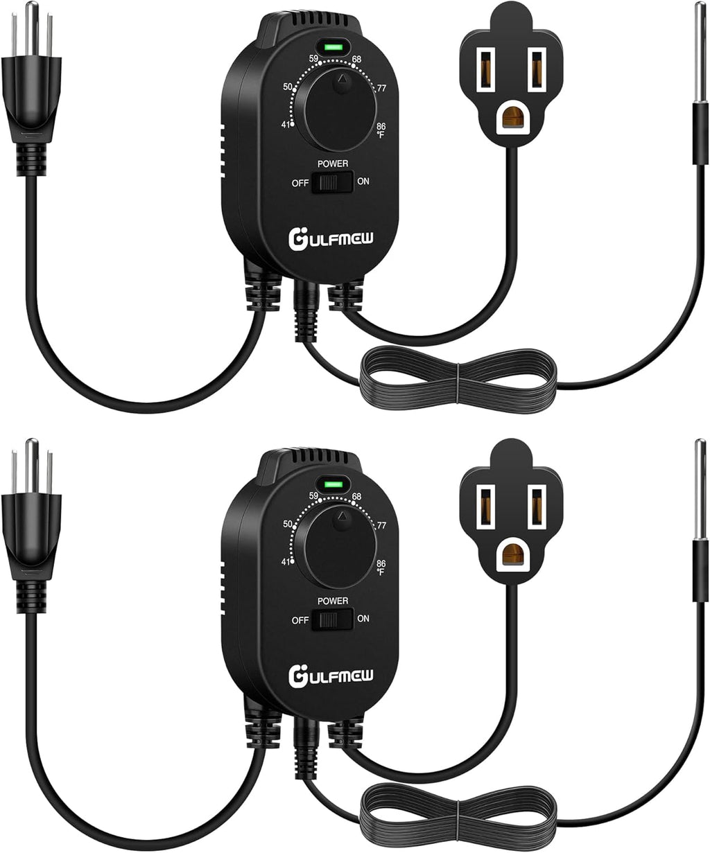 2 Pcs Thermostat Outlet for Heater, Temperature Controller Outlet with 4.9FT Power Cord, Heating and Cooling Thermostat Outlet with Temperature Probe for Space Heater, Greenhouse Fan (Black)