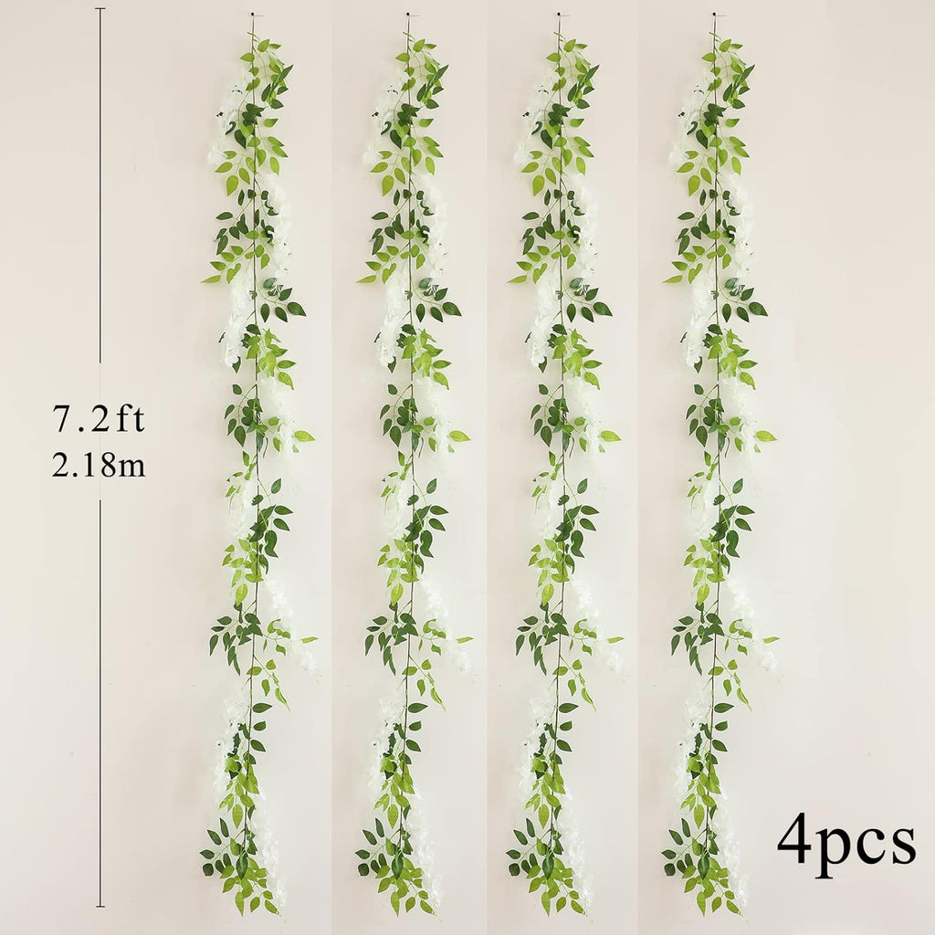 Wisteria Artificial Flowers Garland, 4Pcs 7.2Ft/Piece Silk Fake Wisteria Vine Kit, Hanging Flower for House Outdoor Garden Ceremony Outside Wedding Arch Floral Decor (4, White)