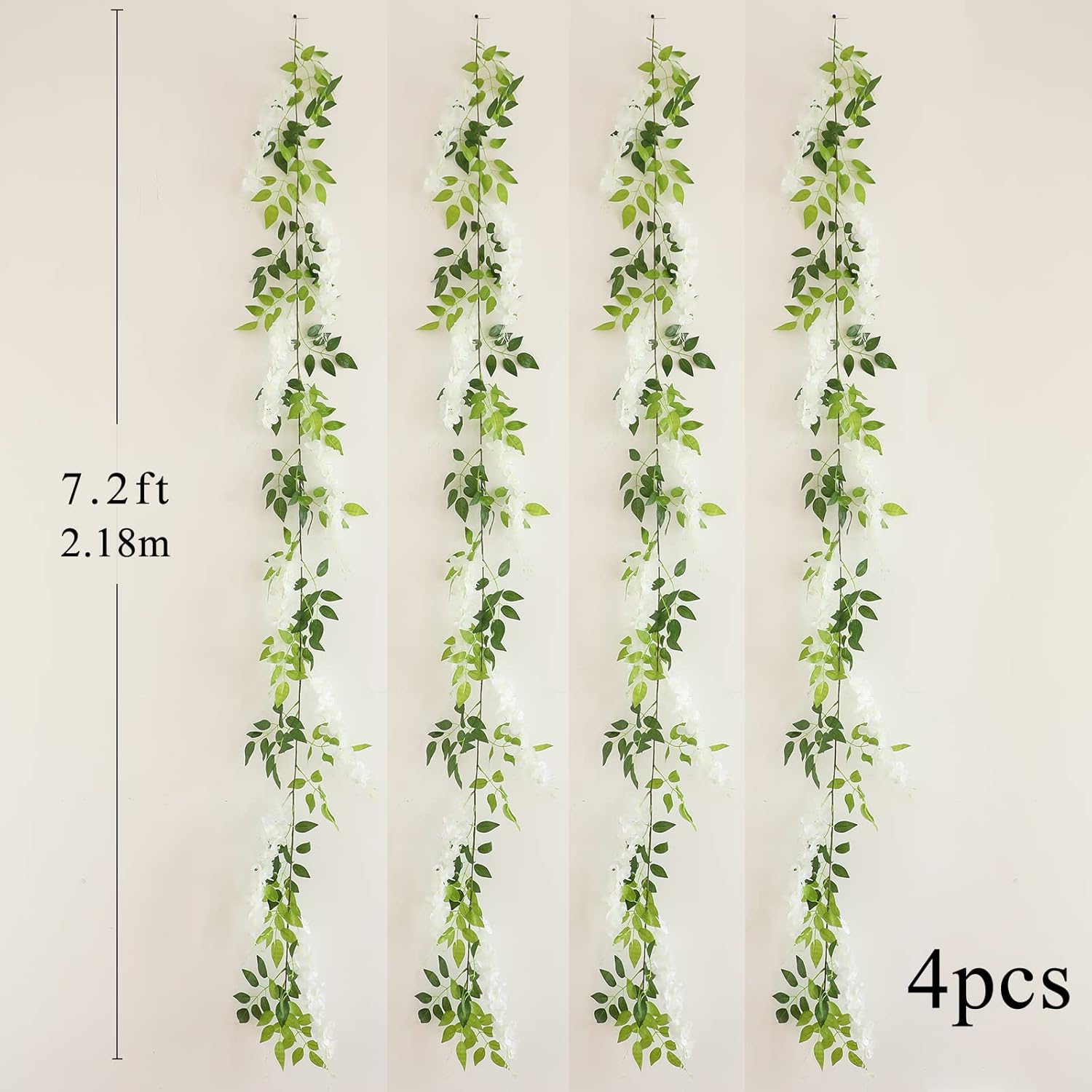 Wisteria Artificial Flowers Garland, 4Pcs 7.2Ft/Piece Silk Fake Wisteria Vine Kit, Hanging Flower for House Outdoor Garden Ceremony Outside Wedding Arch Floral Decor (4, White)