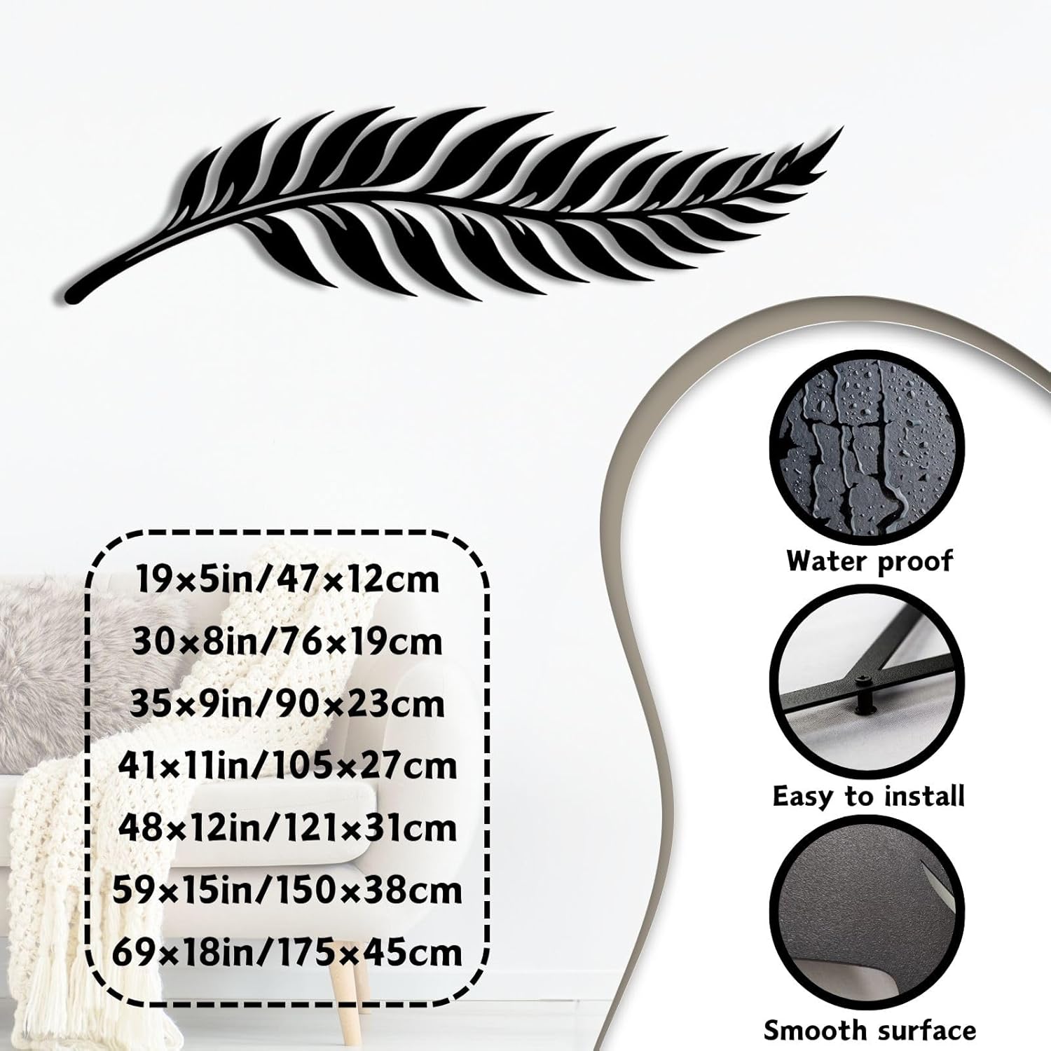 ENJOYOO Metal Leaf Wall Art, Metal Leaf Decor, Branch Wall Decor, Tree Branch Wall Decor, Wall Branch Decor for Living Room, Bedroom, Garden (Black, 30×8in/76×19cm, metal wall art)