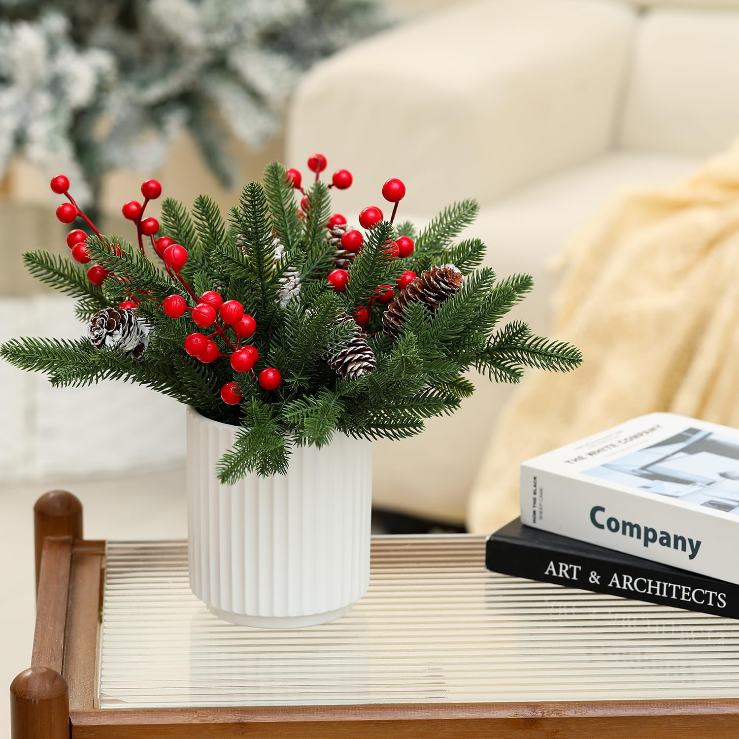 13 Inch Artificial Norfolk Pine Branches with Red Berry in a White Ceramic Pot,Christmas Greenery with Lights Pine Cones for Xmas Kitchen Living Room Tabletop Decor (40 Pcs)