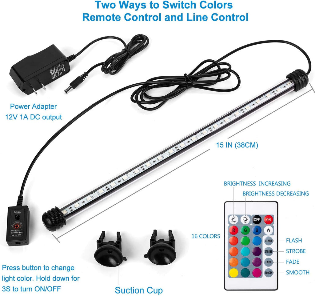 iKefe 15" Color Changing LED Fish Tank Aquarium Submersible Light with Remote/Colored Aquarium LED Tank Lights Fixture for Underwater Decorations, Plant Grow, Saltwater Freshwater Fish, KR5015