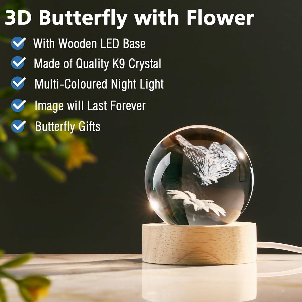 IFOLAINA 3D Butterfly Crystal Ball 60mm Gifts Ideas for Girlfriend Wife Mom Couple Her Christmas Butterfly on Sunflower in Glass Ball with Multicolor Lighting Base