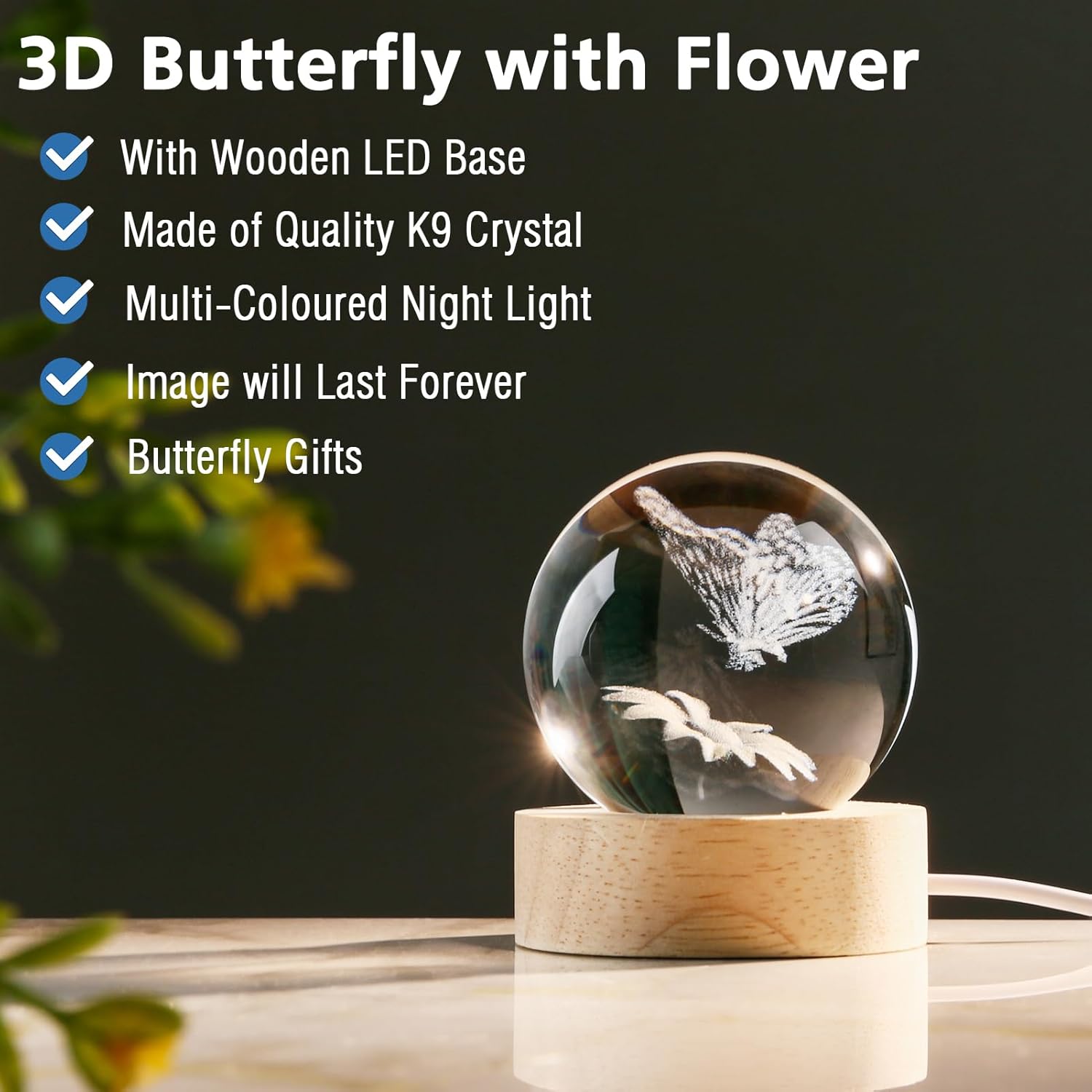 IFOLAINA 3D Butterfly Crystal Ball 60mm Gifts Ideas for Girlfriend Wife Mom Couple Her Christmas Butterfly on Sunflower in Glass Ball with Multicolor Lighting Base