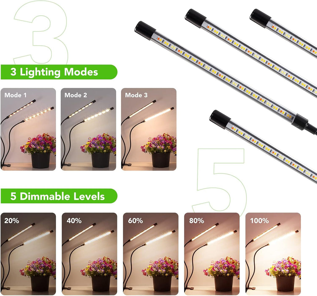 Plant Lights for Indoor Growing, Full Spectrum 4 Heads Clip Grow Lamps with 10 Feet Cables for Houseplants, Auto On Off Timing 3 9 12Hrs(2 Pack)