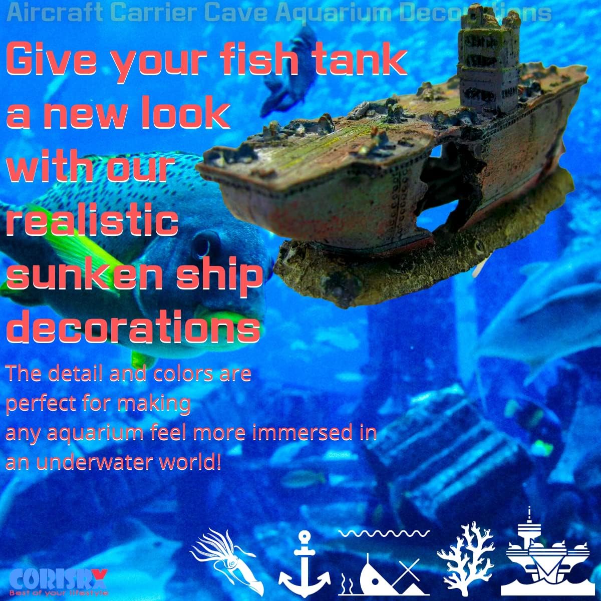 CORISRX BEST OF YOUR LIFESTYLE Dr. Moss Aircraft Carrier Cave Aquarium Ornament - Navy Warship Battleship Decoration Ship