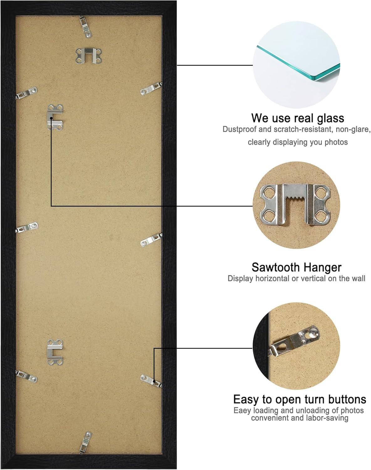 8x24 Picture Frame 2 Pack, Rustic Black Wood Frame with Tempered Glass, Display Pictures Multiple Five 4x6 With Mat or 8 x 24 Without Mat - Horizontal or Vertical Wall Mounting