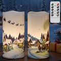 GenSwin Christmas Flameless Candles with Remote Timer, Set of 2 Christmas LED Battery Operated Pillar Candles with Snow House, Santa, Reindeer Decals for Holiday Winter Party Home Decor(D3” x H6”)