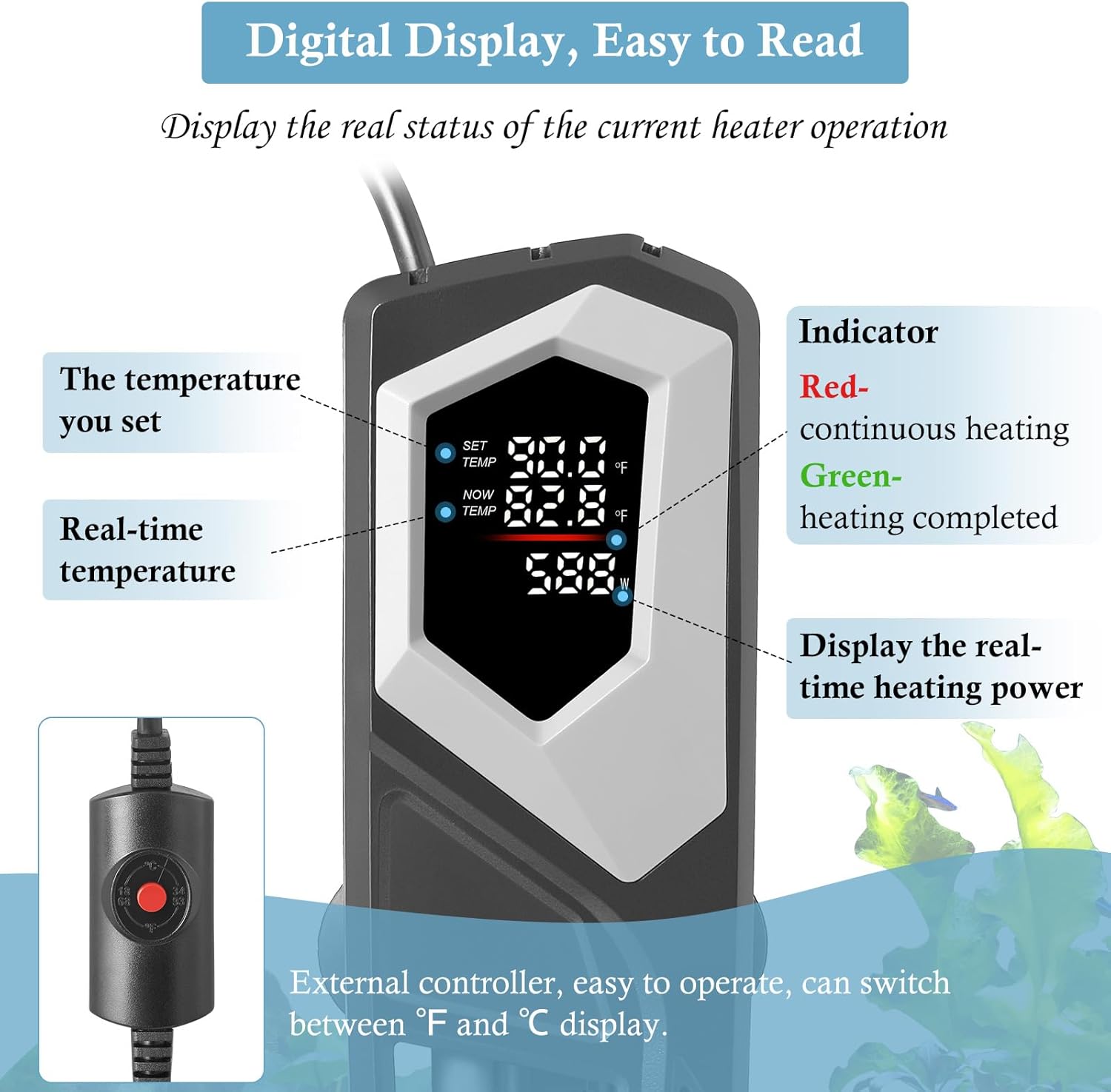 HITOP 800W Titanium Aquarium Heater: Digital Fish Tank Heater with External Controller, Submersible Aquarium Heater with Over-Temperature Protection for Saltwater and Freshwater 100-250Gallon