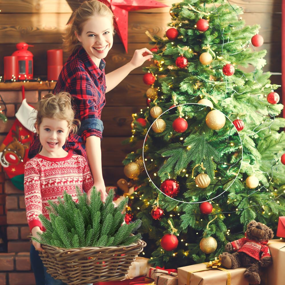 50 PCS Artificial Pine Branches Christmas Faux Pine Greenery Stems Fake Cedar Pine Needles Picks for Christmas Tree Wreath Garland DIY Crafts Holiday Home Decoration