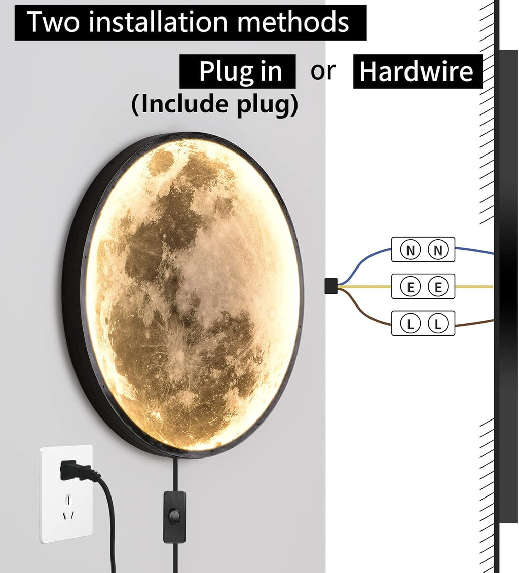 QIYIMEILUX Dimmable Moon Wall Sconce Plug in Modern LED Wall Light with Remote Control 19.7 inch 24W Black Wall Lamp Indoor Wall Mounted Lighting Ceiling Light for Living Room Bedroom（Moon）