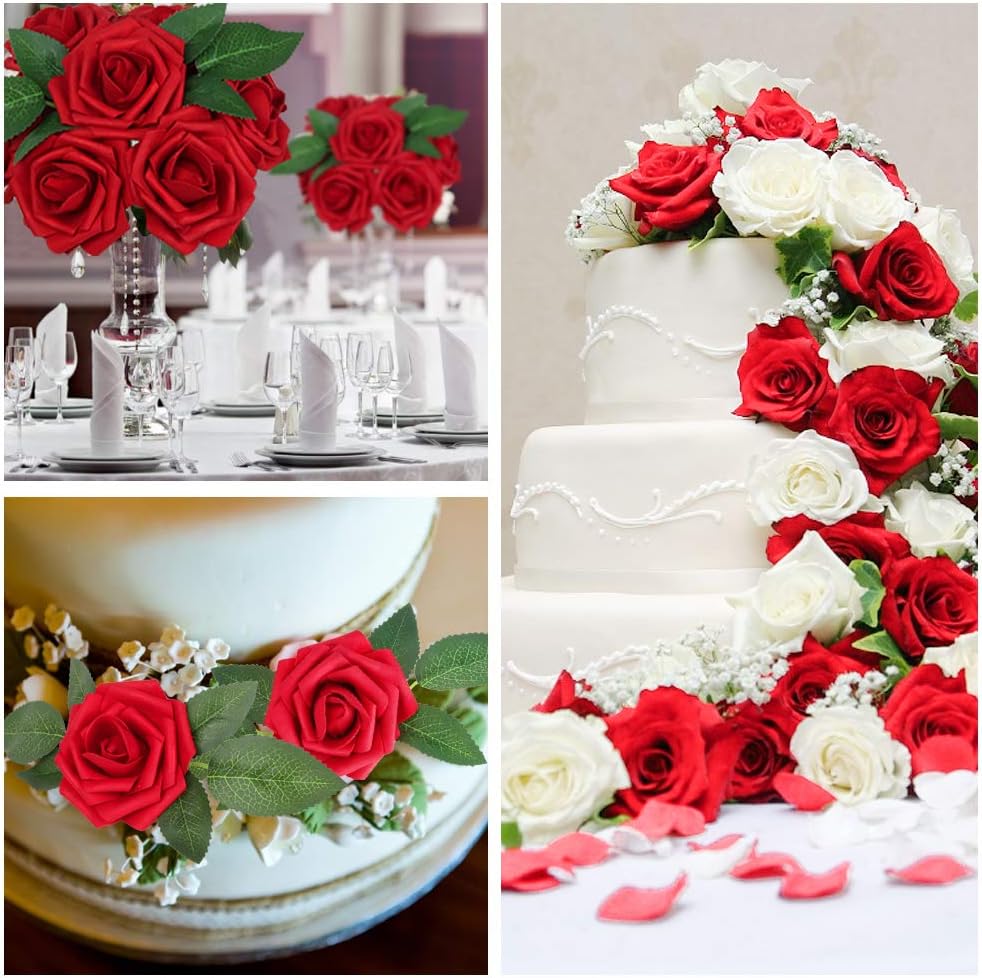 AmyHomie Artificial Flowers Dark Red Rose 50pcs Real Looking Fake Roses w/Stem for DIY Wedding Bouquets Centerpieces Arrangements Party Baby Shower Valentines Day Christmas Tree Decorations