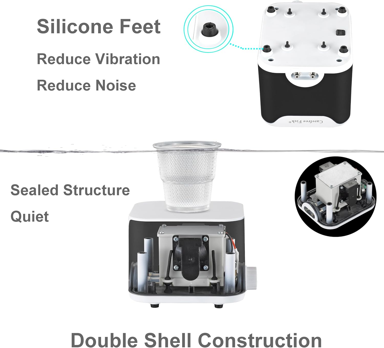 Carefree Fish 5W 160Gph Aquarium Air Pump 2 Outlets Super Quiet and Powerful Adjustable Oxygen Pump Aerator Pump with 6Ft Tubing and 2 Air Stones Up to 300 Gallon Fish Tank
