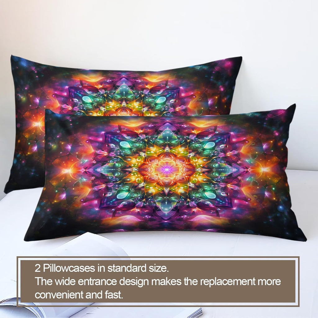 Colorful Mandala Duvet Cover King Size, Boho Dazzling Starry Bedding Set 3 Piece Bedroom Decor Trippy Art Comforter Cover and 2 Pillow Sham with Zipper Closure