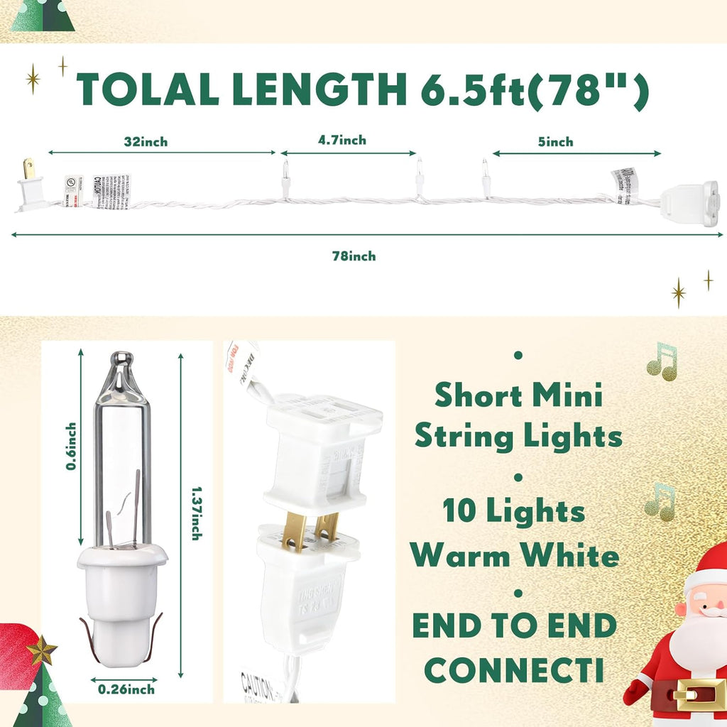 Mini Christmas Lights String Warm White Vintage Short Strand String Lights, Clear Bulbs Wire Fit Light up Christmas Decorations(10 Bulbs Connectable,6.5ft,6.5ftwhite)