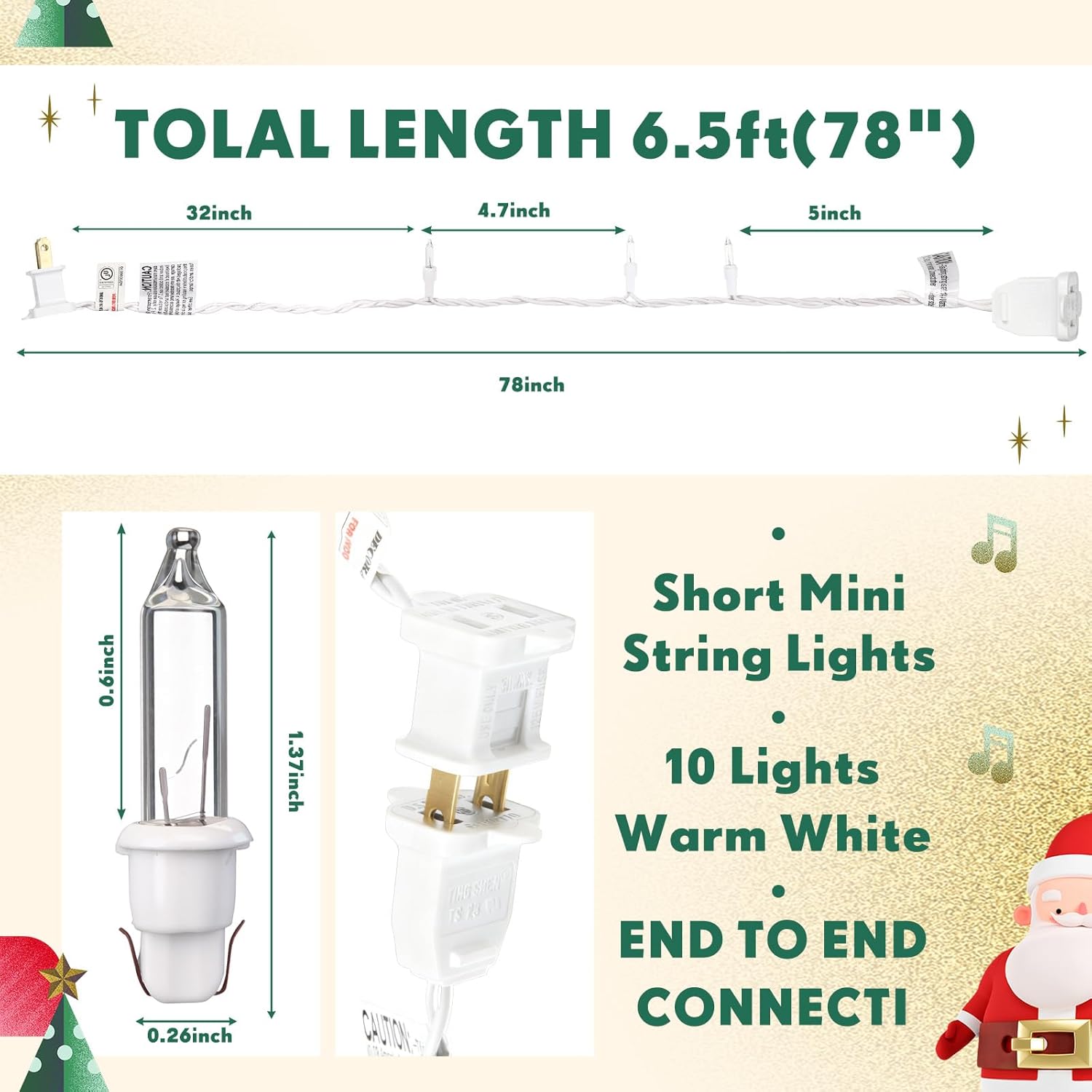 Mini Christmas Lights String Warm White Vintage Short Strand String Lights, Clear Bulbs Wire Fit Light up Christmas Decorations(10 Bulbs Connectable,6.5ft,6.5ftwhite)
