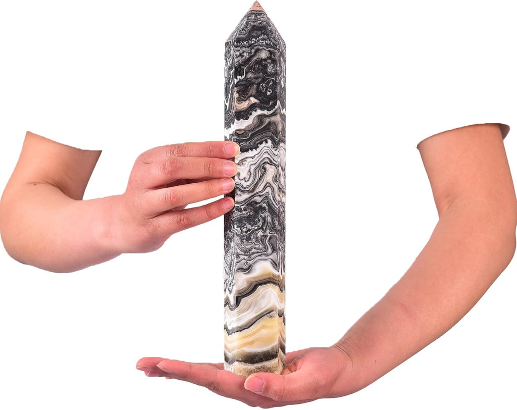 JIC Gem Extra Large Black and Yellow Calcite Quartz Crystal Obelisk Tower 6 Faceted Healing Crystal Wand Reiki Chakra Meditation Therapy Decor Crystal Gift 3.0-3.5 Lbs
