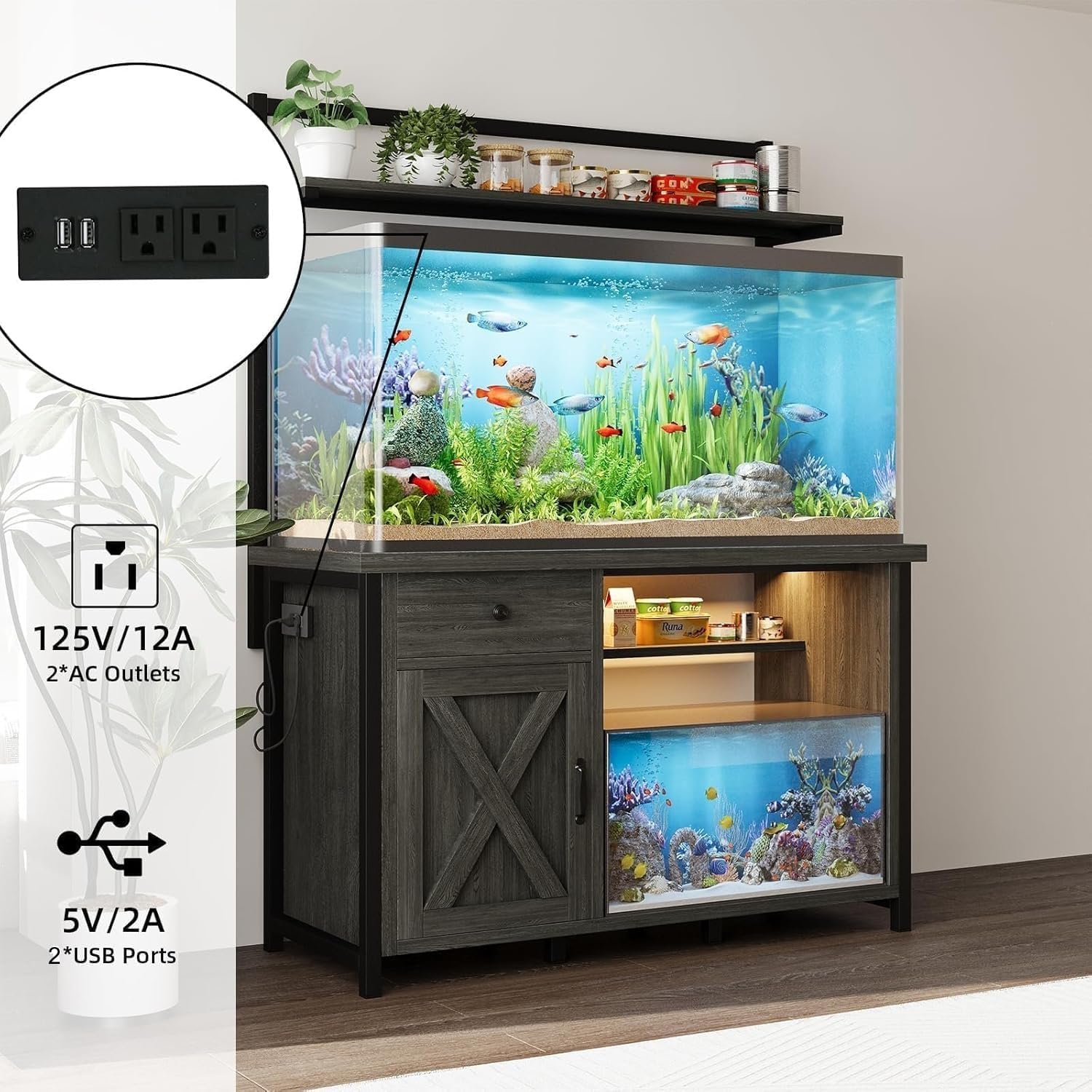 55-75 Gallon Fish Tank Stand with Power Outlet, Led Light, Aquarium Stand with Cabinet for Fish Tank Accessories Storage, Shelf, for Turtle Tank, Reptile Terrarium, 1100 LBS, Gray