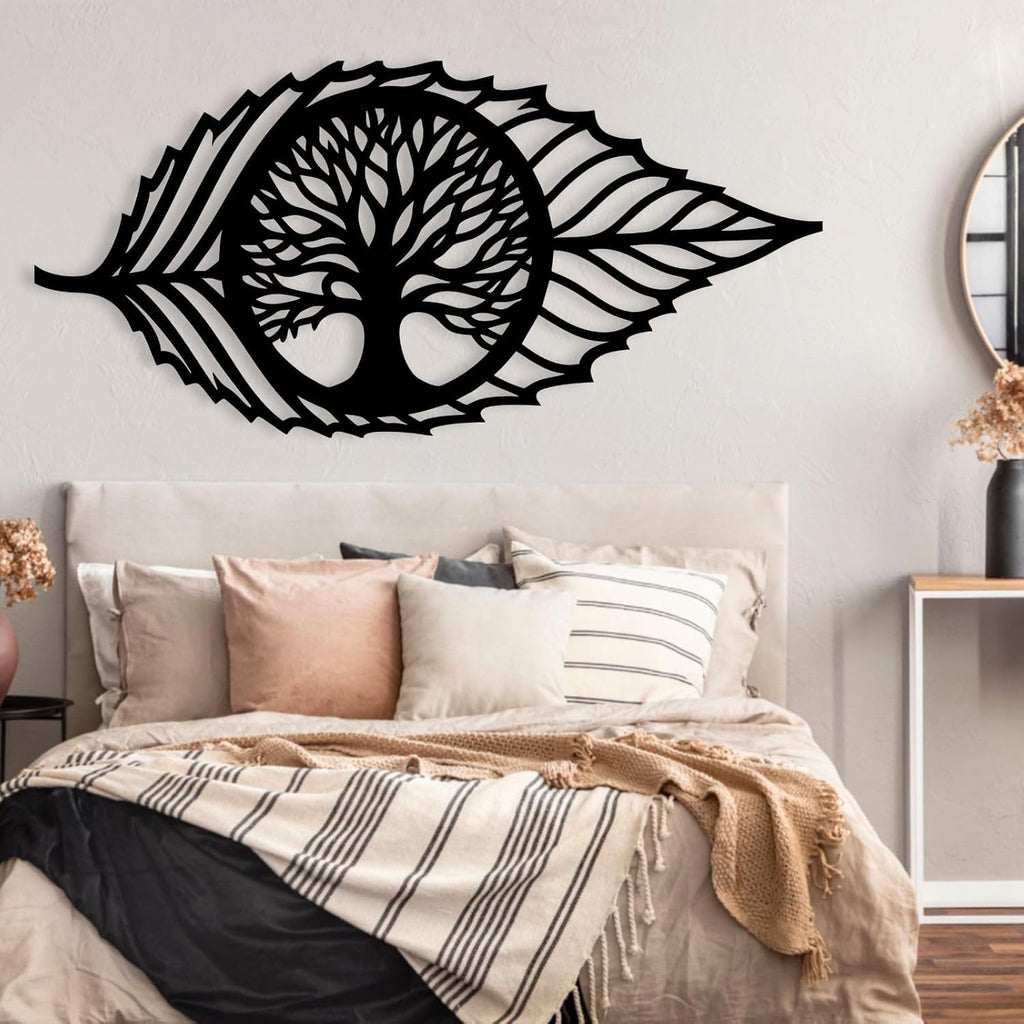 Hotuijxca Metal Leaf Wall Decor, Tree of Life Wall Art, Metal Leaf and Tree Wall Art for Living Room, Bedroom (Black, 53x25in|135x65cm, metal wall art)