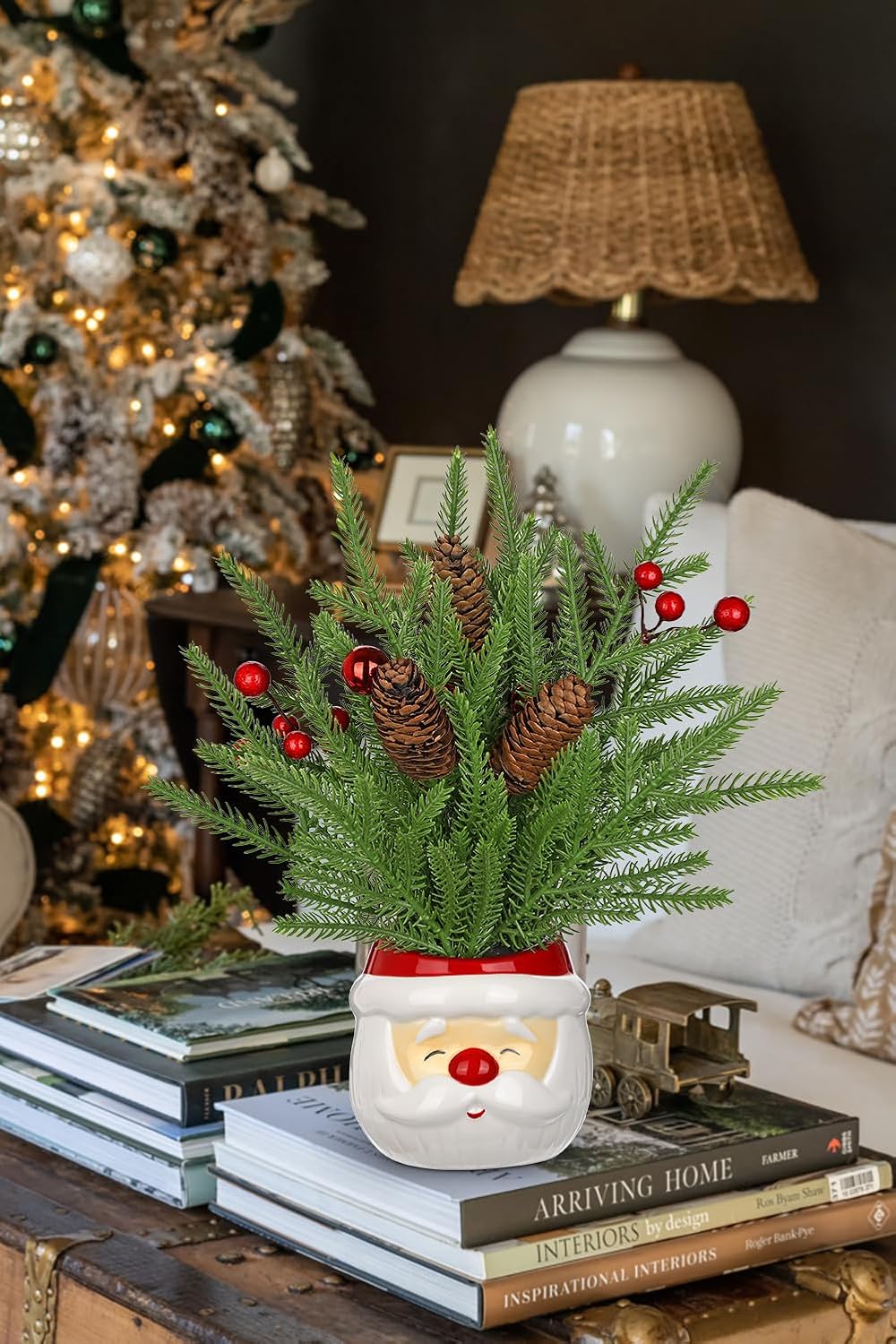 Hollyone Small Norfolk Pine Tree 10" Christmas Tree Tabletop Snowman Potted Plants with Vase Artificial Mini Xmas Tree Plant with Christmas Ball Ornaments Berries Pine Cones Slim Tree Party Home Decor