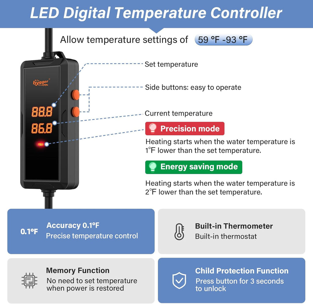 hygger 300w Aquarium Heater, Fish Tank Heater with Intelligent Temperature Control, Over-Temperature Protection and Automatic Power-Off When Leaving Water, for 40-75 Gallon Tanks