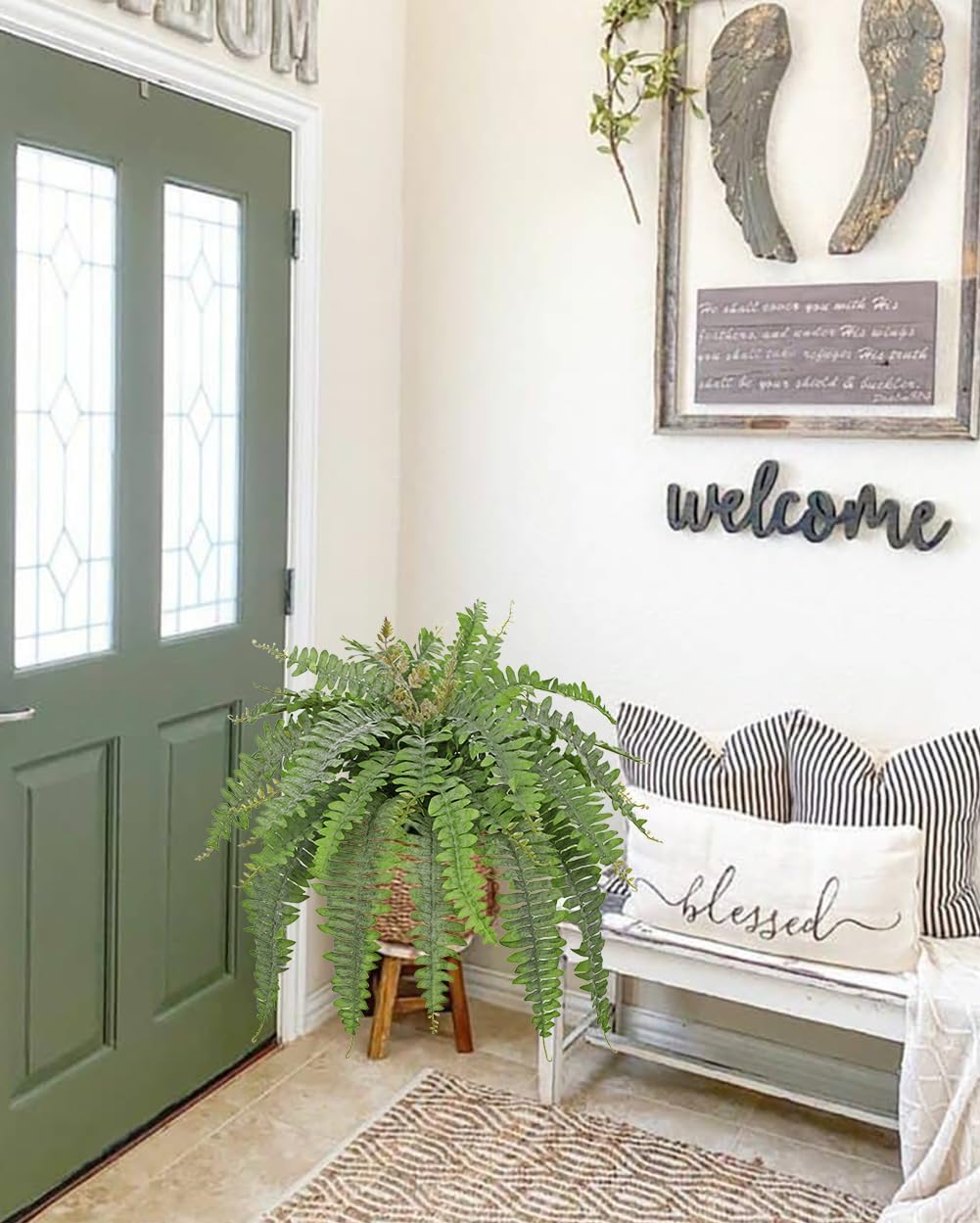 Hollyone Artificial Fern Plants in White Pot 25.5" Medium Artificial Boston Fern 31 Leaves for Outdoors & Indoor Faux Potted Plants Fake Ferns Bush Plant Patio Garden Farmhouse Porch Decor Dusty Green