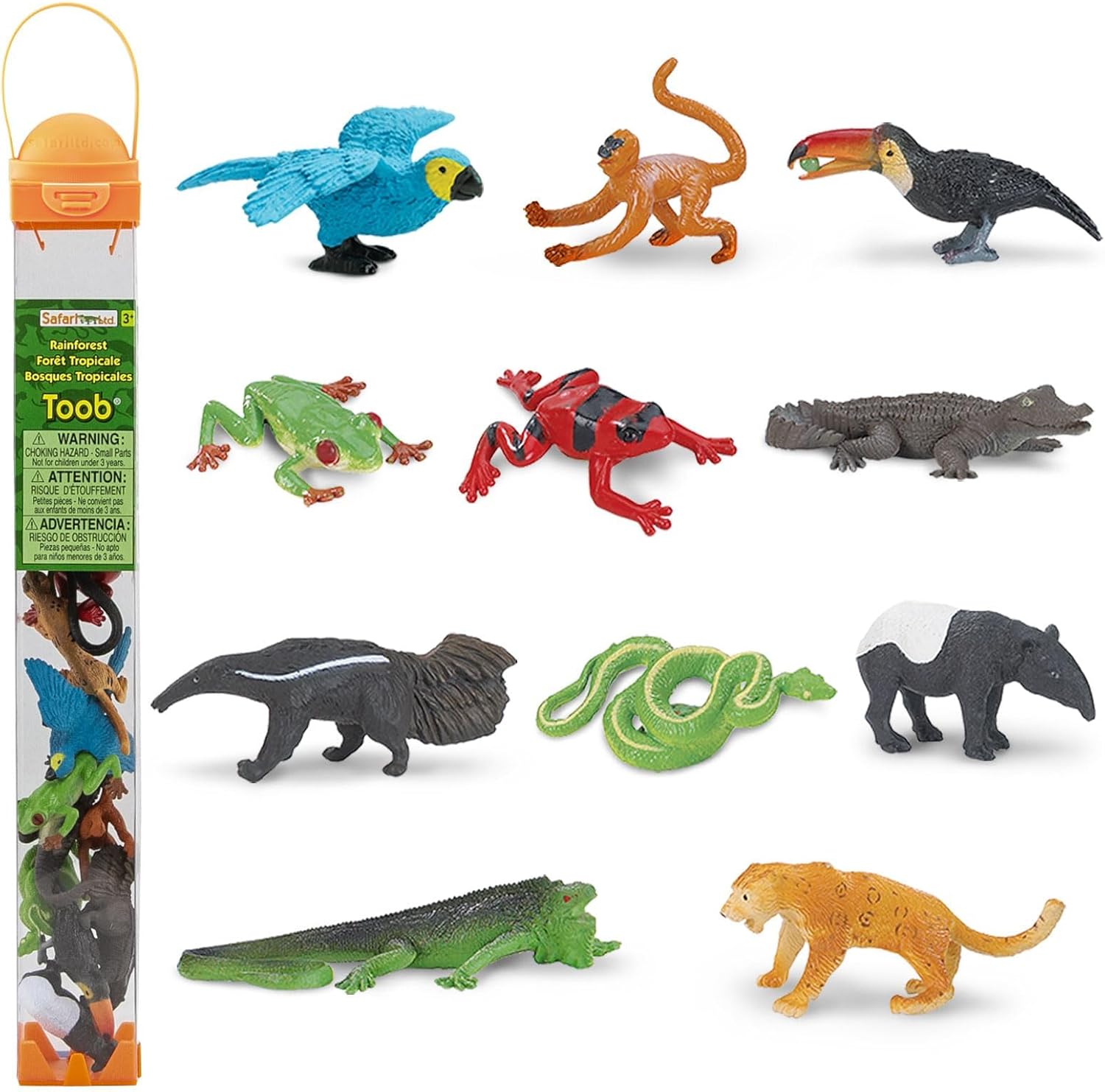 Safari Ltd. Rainforest TOOB - 11 Figurines: Macaw, Frogs, Toucan, Iguana, Monkey, and More - Educational Toy Figures For Boys, Girls, and Kids Ages 3+