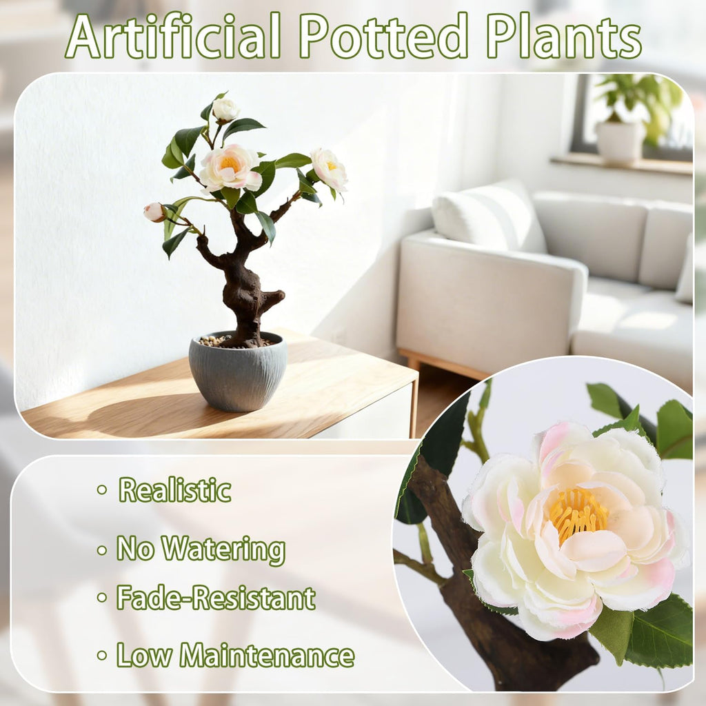 TOARTi Artificial Camellia Potted Plant with Stone Pot, 15" Tall Fake Potted Flowers Faux Plants Desk Decor, Realistic Decorative Plants Indoor Decor for for Home Bedroom Bathroom Office