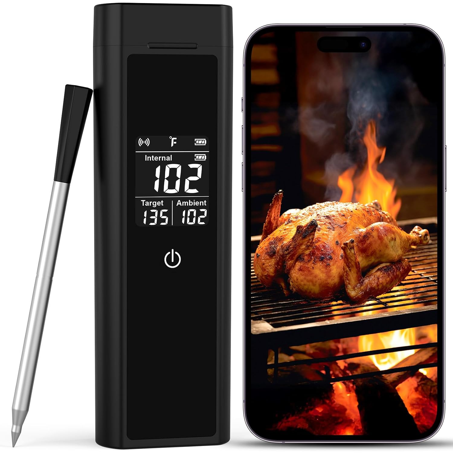 Wireless Meat Thermometer Bluetooth Digital, Smart Meat Thermometer with Booster Base, IP67 Waterproof Probe, ±1.8°F Accuracy, 100m Range, Rechargeable BBQ Cooking Thermometer for Grill, Smoker Black