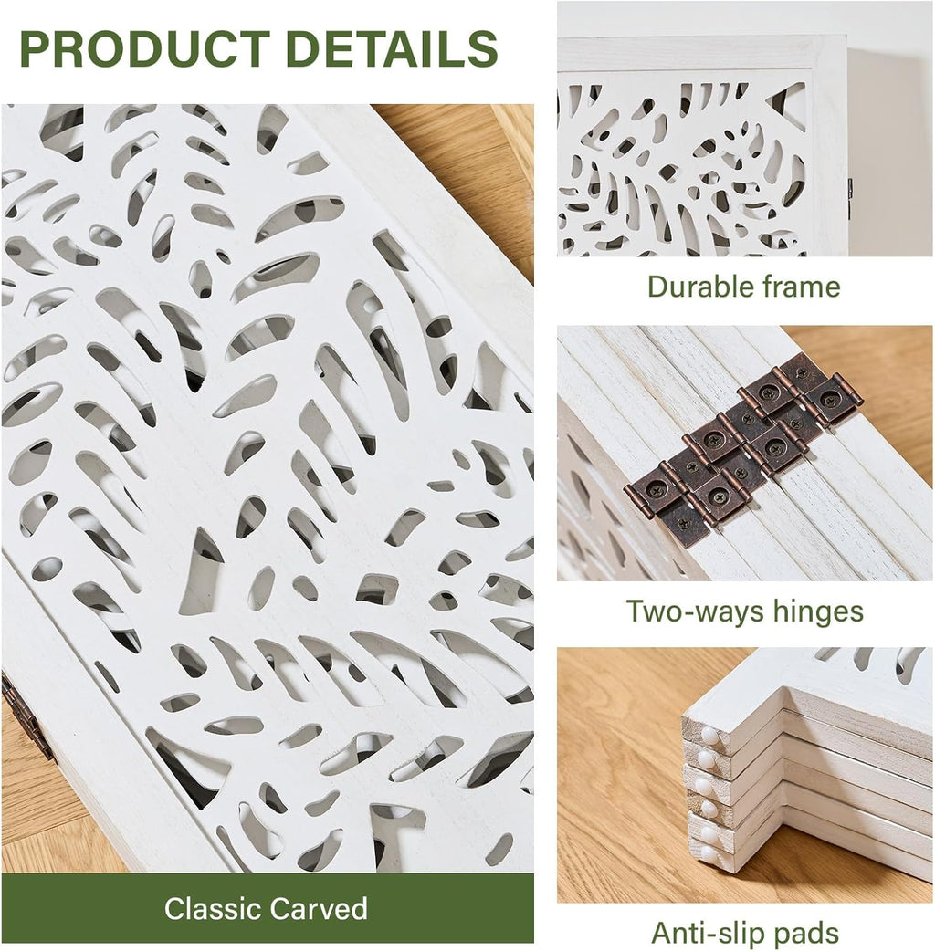 Leaf-Carved Room Divider Privacy Screen - 67 Inch Tall Foading Decorative Wood Screen Dividers Panel for Home - Natural Wood Room Partitions for Enhanced Privacy and Style White 6 Panel