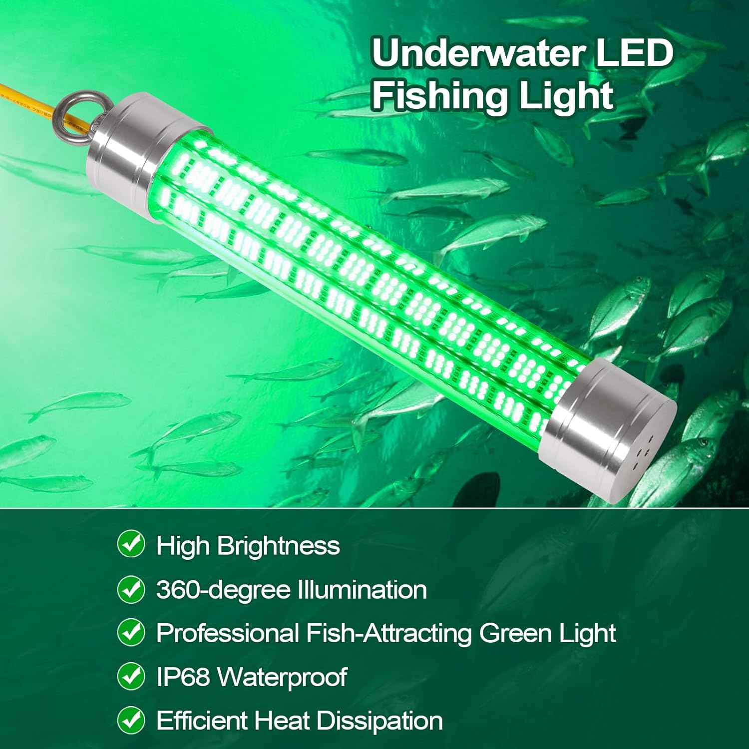 LED Underwater Fishing Light, DGLUYUDV 150W 110V & 12V 20000LM Waterproof LED Green Submersible Light Attractants for Docks and Boats, Snook, Bass, Crappie, Striper, Bait, Catfish and More